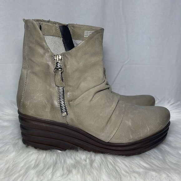 Mix Mooz Zulu NWOT Tan/Dove Grey Ruched Leather Side Zip Booties Sz 41/U… - Picture 5 of 8